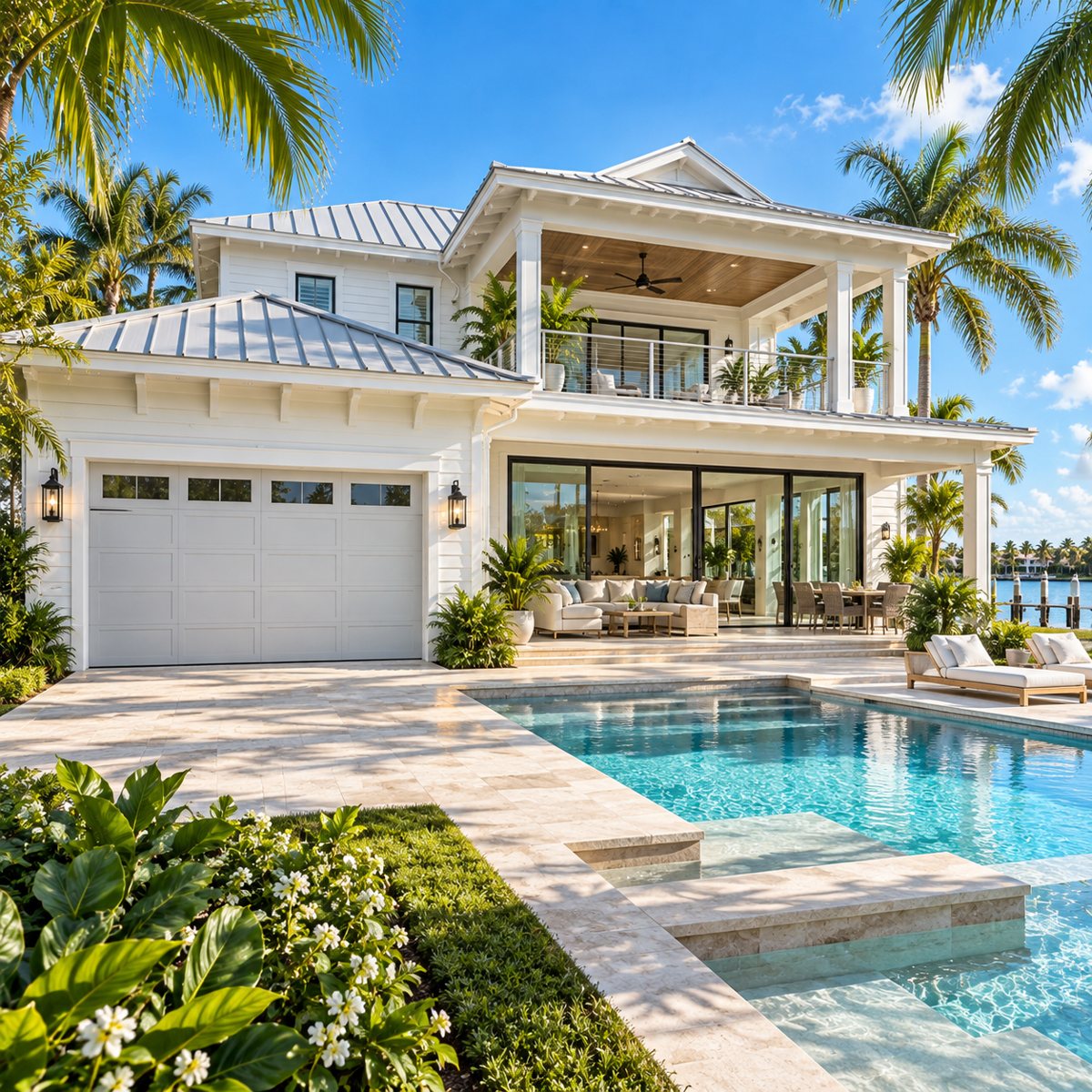 Illustrative bright Florida home with a garage door and patio glass