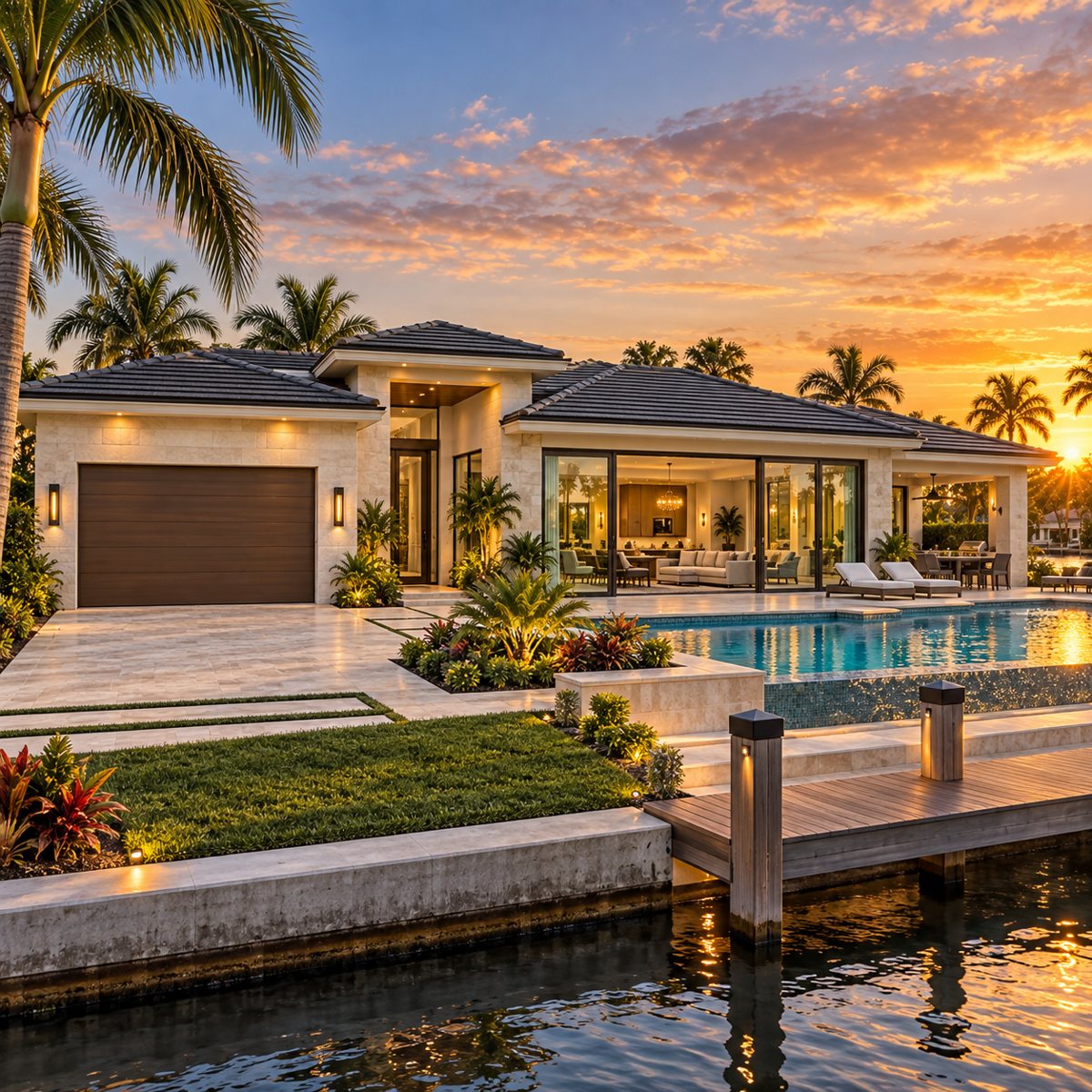 Illustrative waterfront Florida home with garage and glass doors