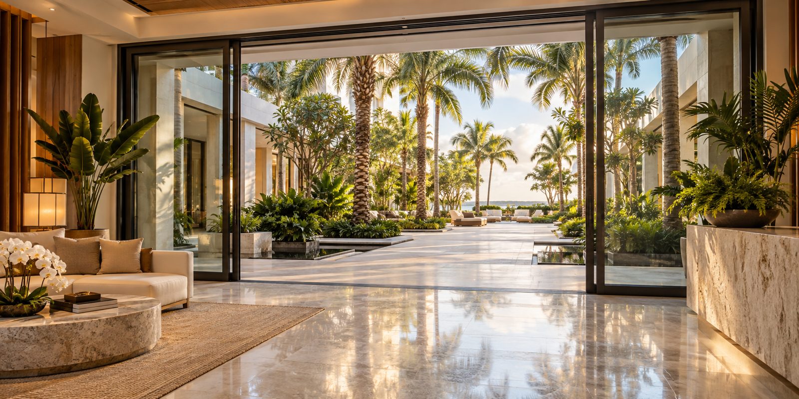 Illustrative large sliding glass doors in a business setting
