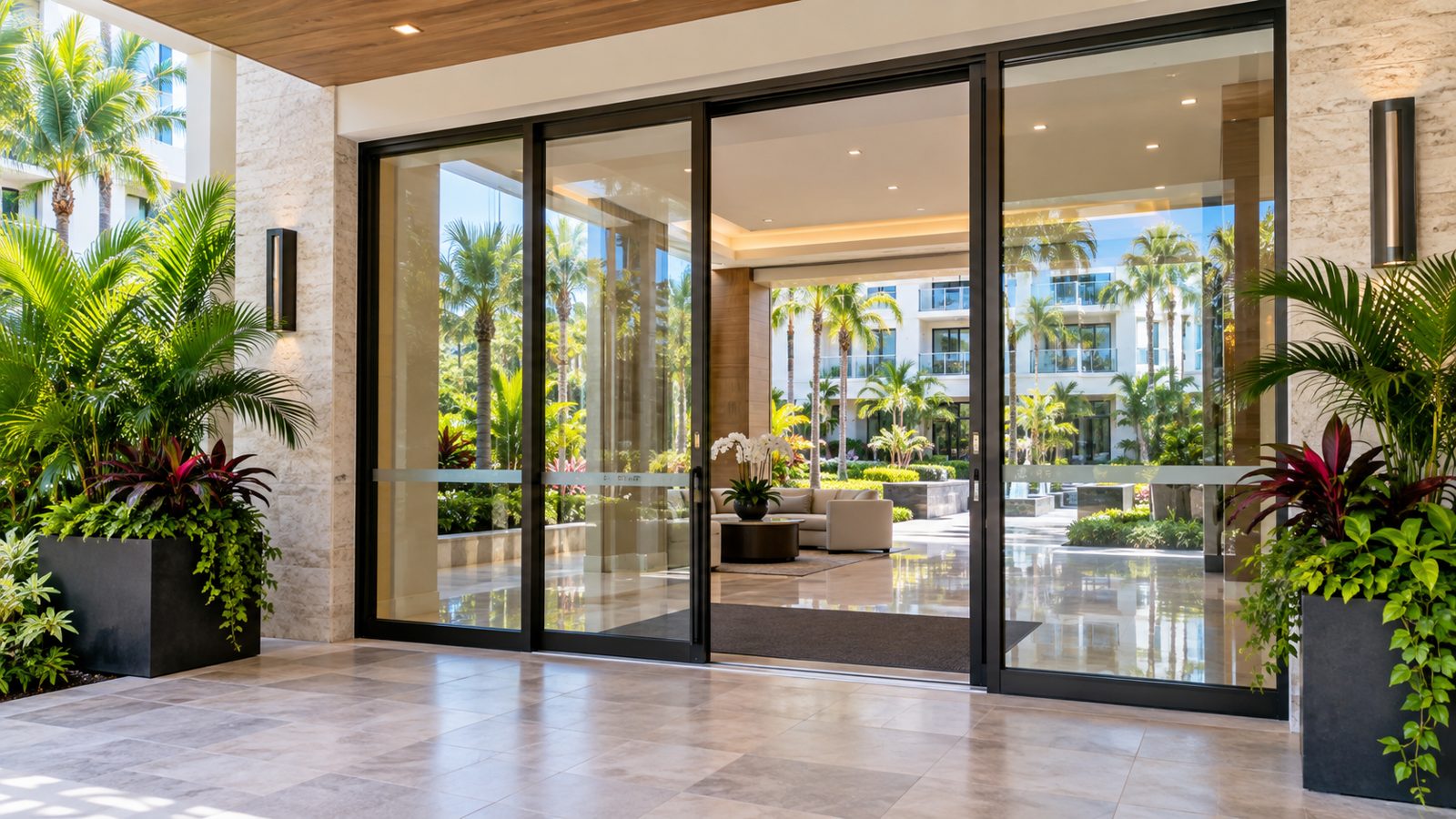 Illustrative commercial sliding glass door entrance