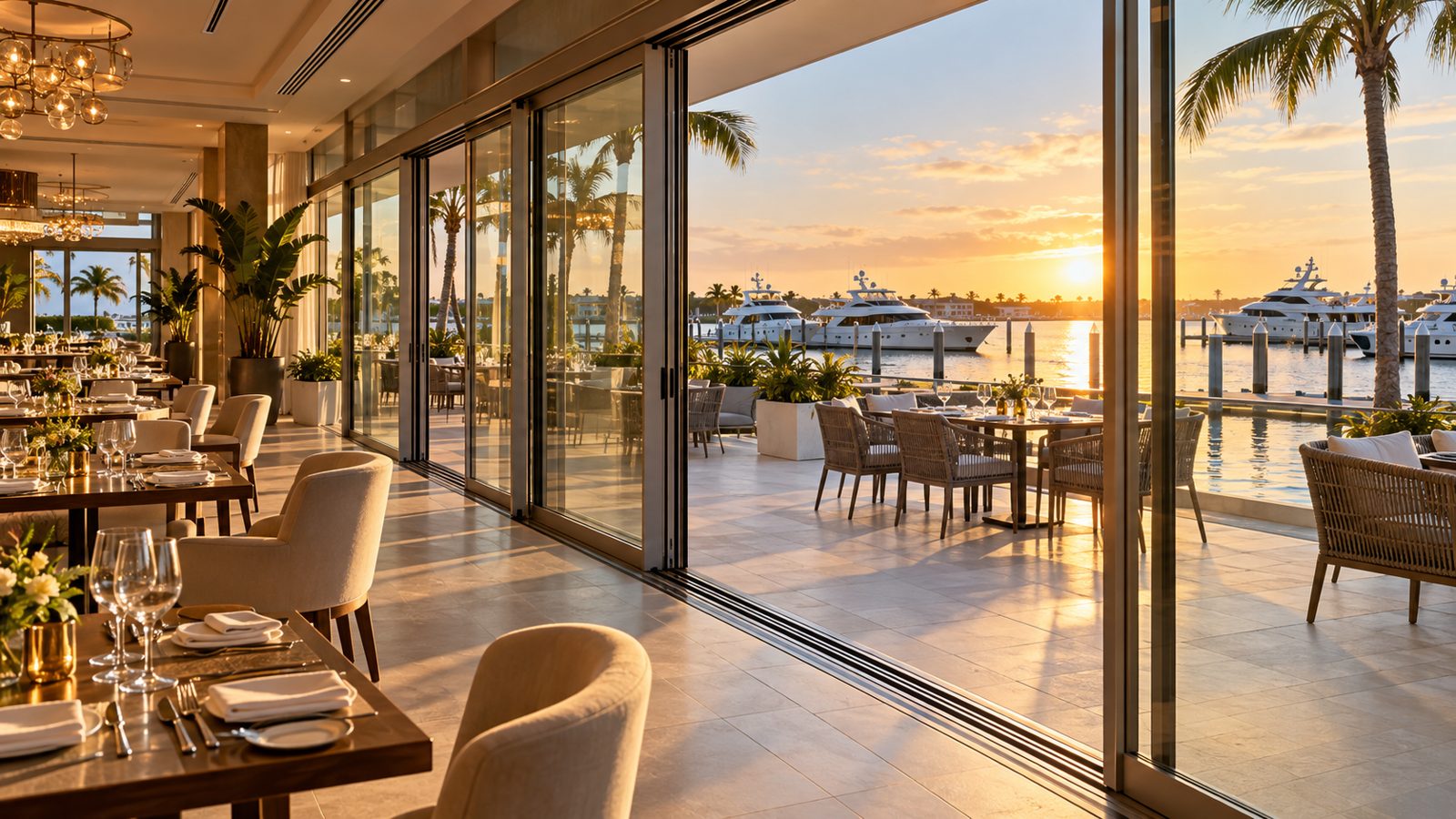 Illustrative hospitality venue with sliding doors overlooking water