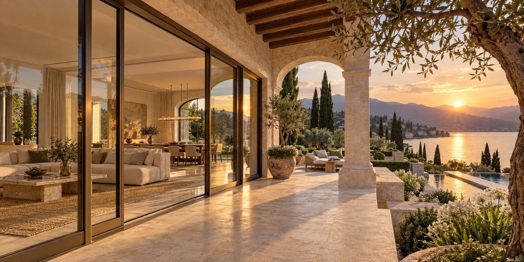 Illustrative glass doors opening to a stone terrace and sunset