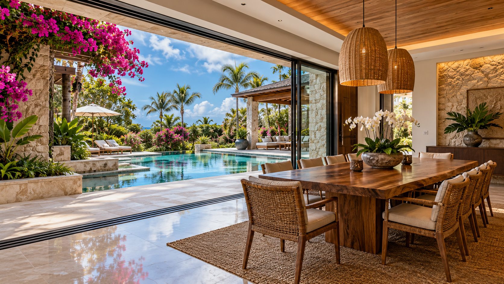 Illustrative sliding doors between a dining space and pool terrace