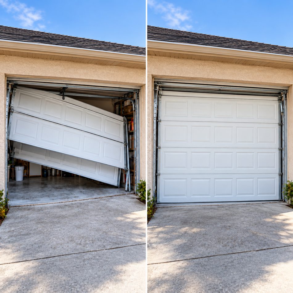 Illustrative damaged and restored garage door comparison