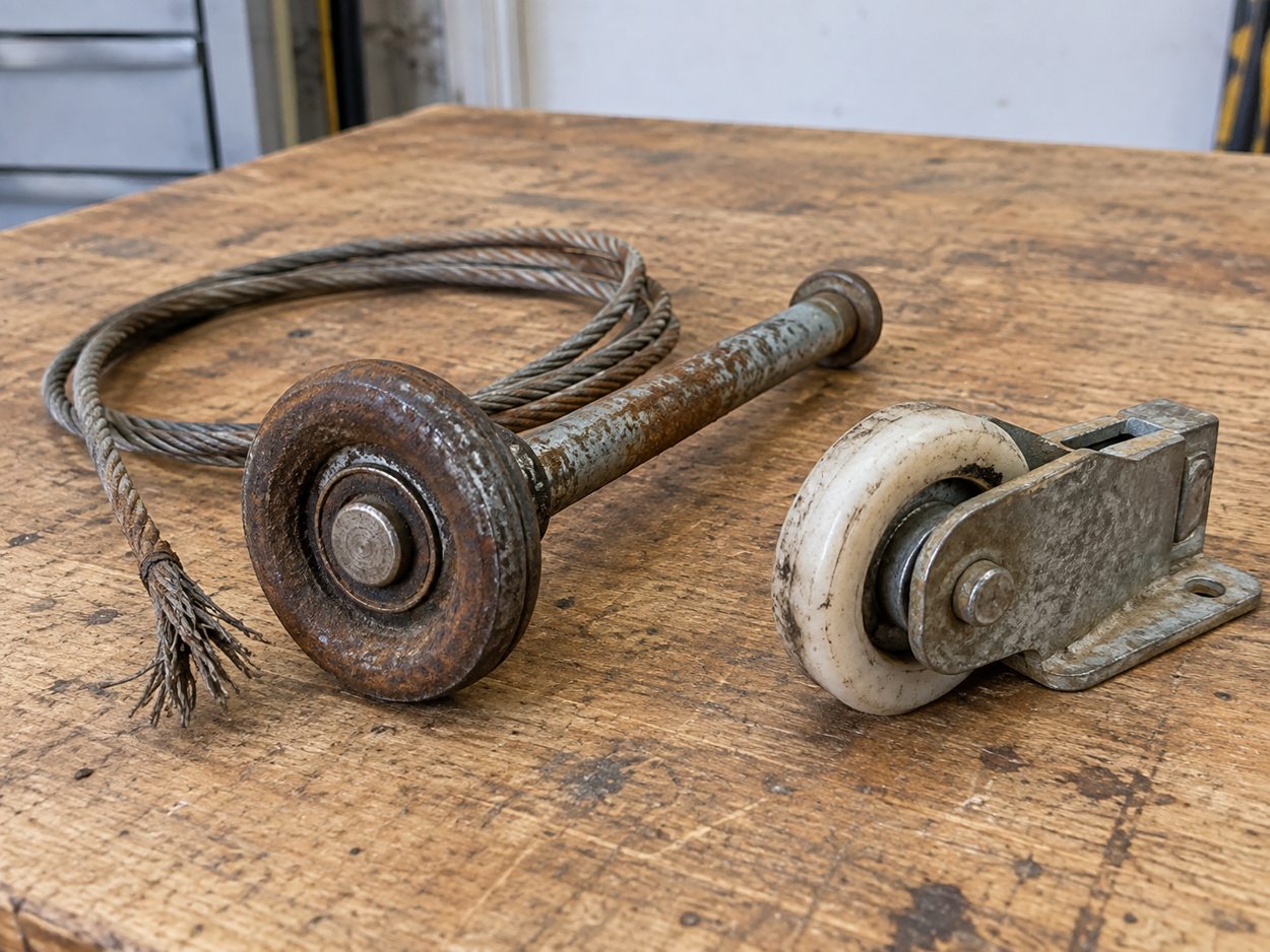 Illustrative worn and replacement sliding door rollers